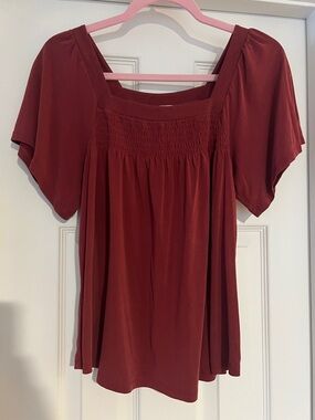 Lucky Brand Smocked Square Neck Top - Burgundy